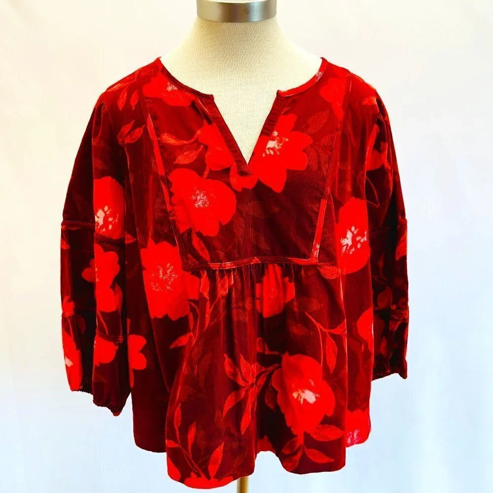 NWT SONOMA Women 3/4 Sleeve Pullover V-Neck Corduroy Cotton Floral Shirt Sz PXXL